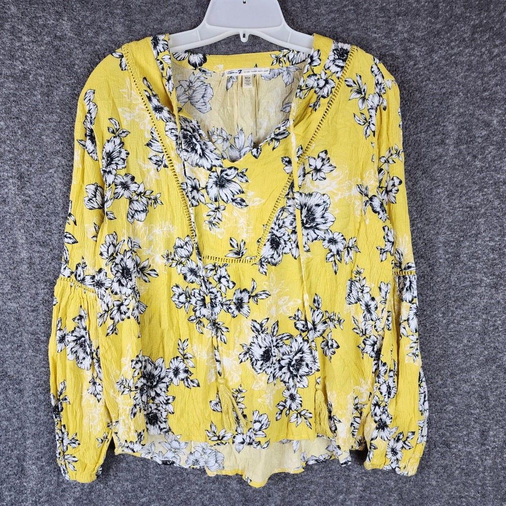 Seven7 Blouse Womens Small Boho Floral Yellow Tassel Tie Neck Long Sleeve EUC